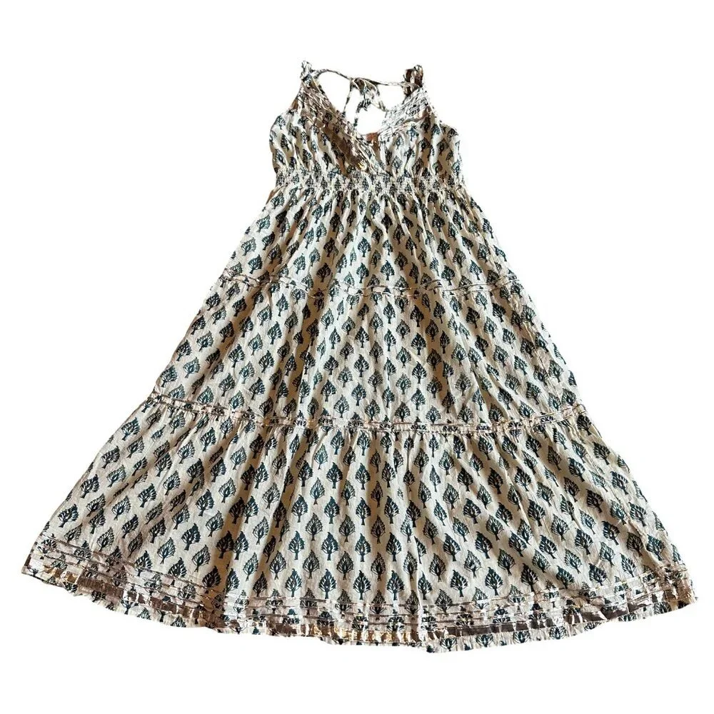 Raga Anthropologie Block Printed Midi Dress Tie Straps 100% Cotton Size Small - Picture 7 of 10